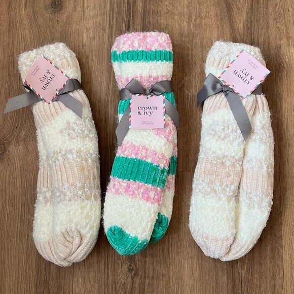 NEW Crown & Ivy Cozy Striped Sherpa Slipper Socks Bundle - Picture 1 of 8